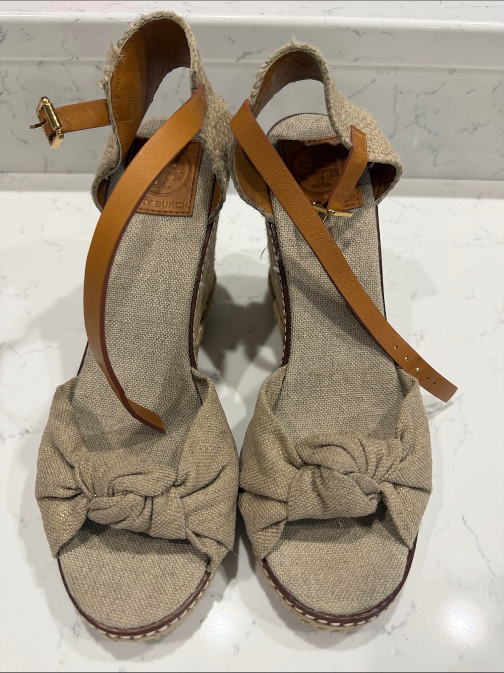Tory Burch Natural Canvas Knot Espadrille Wedge Sandals with Tan Leather Straps